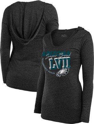 Women's Threads Black Philadelphia Eagles Super Bowl Lvii High Tide Tri-Blend V-Neck Long Sleeve Hoodie T-shirt