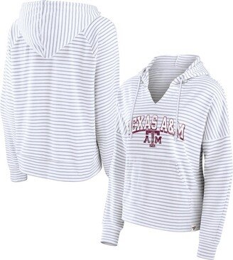 Women's Branded White Texas A&M Aggies Striped Notch Neck Pullover Hoodie