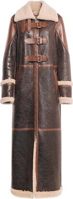 Leather shearling long coat w/ buckles