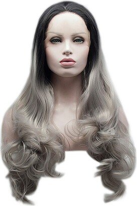 Unique Bargains Long Body Wave Lace Front Wigs for Women with Wig Cap 24 Black Gradient Gray 1PC