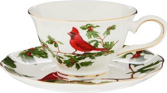 Gracie China by Coastline Imports Gracie China Christmas Cardinal Holly Porcelain Teacup And Saucer 8-Ounce (Set of 4)