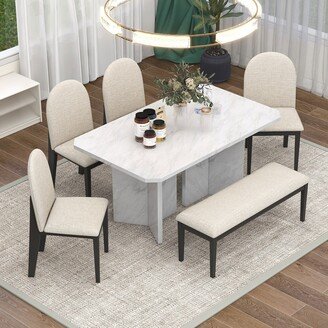EDWINRAY 6-Pcs Dining Table Set with 4 Upholstered Chairs & 1 Bench, Wood Dining Table with Faux Marble Top & Double Pedestal Base, White