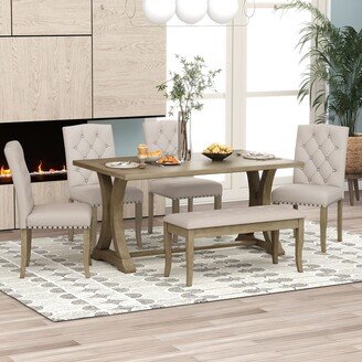 RASOO Rustic 6-Piece Farmhouse Dining Table Set with Trestle Table and Upholstered Chairs & Bench
