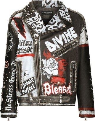 Graffiti-Print Leather Jacket