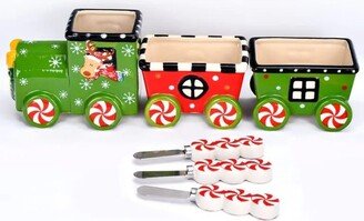 New 6 Pc. Stoneware Peppermint Swirl Christmas Appetizer Train Set Great Gift Holiday Table Decor Retired