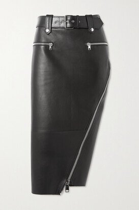 Asymmetric Zip-detailed Leather Midi Skirt - Black