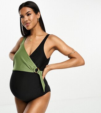 Mamalicious Maternity color block belted swimsuit in black and khaki