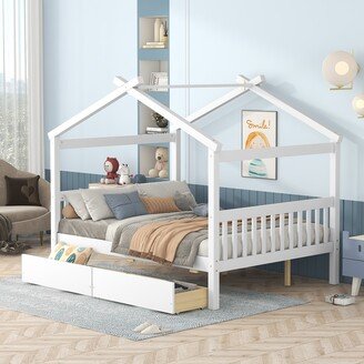 EDWINRAY Full Imaginative House Daybed with Headboard for Kids Girls Boys, Wood Storage Platform Bedframe with 2 Drawers & Sky Roof,White