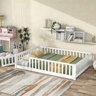 Aoolive Twin/Full/Queen Size Floor Bed with Fence and Door, Wooden Montessori Platform Bed Frame Daybed Playpen Bed for Kids, Boys Girls