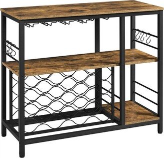 Home Bar Industrial Wine Rack Table with Glass Holder, Wine Bar Cabinet, Rustic Brown