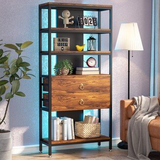 Industrial 5-Tiler Bookshelf with LED Light and Drawers, 67.52’’ Tall Bookcase Open Storage Shelves Display Shelf