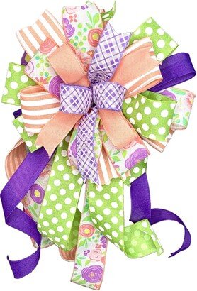 Spring Flower Bow in Peach Lavender Purple & Lime Coordinating Ribbons, Summer Porch Bow, Wreath Or Lantern Decoration