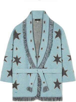 Star Printed Belted Fringed Cardigan-AA