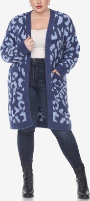 Plus Size Leopard Print Open Front Sherpa Sweater - Navy, Light Blue