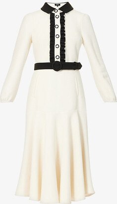 ME And EM Womens Light Cream/black Ruffle-trim Flared-hem Stretch-woven Midi Dress