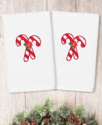 Linum Home Christmas Candy Canes Embroidered 100 Turkish Cotton Hand Towels