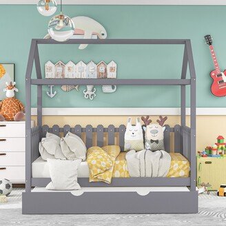 EDWINRAY Twin Size House Platform Bed with Trundle, Fence-Shaped Guardrail,Grey