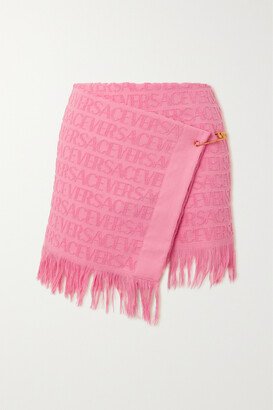 Dua Lipa Embellished Fringed Flocked Cotton-terry Pareo - Pink