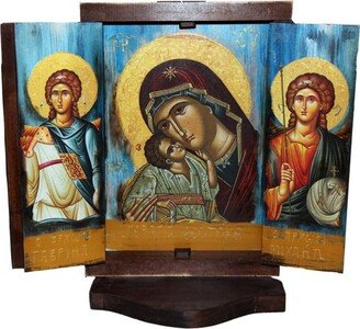 Οrthodox Catholic Christian Wooden Ιconostasis With Virgin Mary & Jesus Christ in The Middle, Archangel Gabriel Archangel Michael
