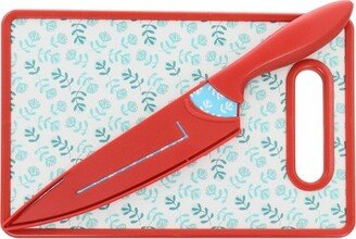 Home Village Vines 3 Piece Cutting Board and Knife Set in Red and Blue