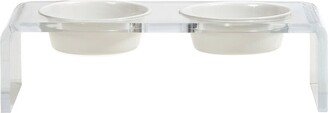 Hiddin Small Clear Double Bowl Pet Feeder, 3.5 Cup White Bowls