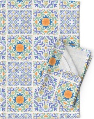 Talavera Tea Towels | Set Of 2 - Italian Tiles By Aliz Arteta Floral Orange Summer Kitchen Linen Cotton Spoonflower