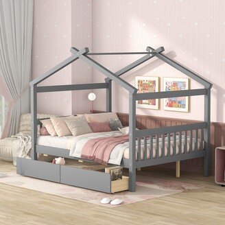 GEROJO Gray Full Size Wooden House Bed with Drawers, Solid Pine Wood Frame with 2 Drawers and Headboards Included