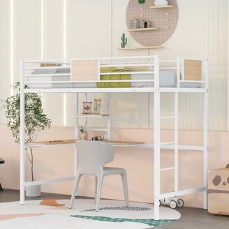 RASOO Twin Size Metal Loft Bed Bedroom Kids' Beds with Desk and Shelve, Built-in Ladders