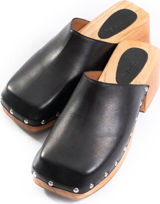 Asra Jude Black Leather Wooden Studded Clog