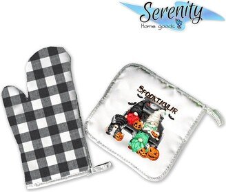 Halloween Kitchen Decor | Hot Plate Pot Holder Oven Mitt Set Gnome White Black Buffalo Plaid Truck