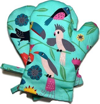 Oven Mitts, Set Of 2, Tropical Birds, Alexander Henry, Green