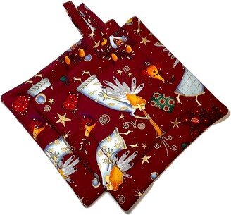 Quilted Pot Holders, Set Of 2, Angels, Cranberry, Alexander Henry, Christmas