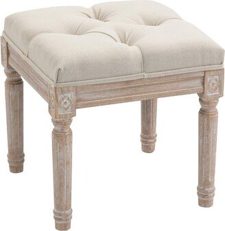 HOMCOM 15.75 Vintage Ottoman, Tufted Foot Stool with Upholstered Seat, Rustic Wood Legs for Bedroom, Living Room, Beige