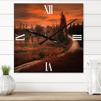 Designart 'Dark Pink Sunset Over The Road By The Farm' Farmhouse wall clock