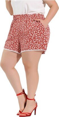 Agnes Orinda Agne Orinda Women' Plu Size Short Elatic Wait Floral Print Lace Short Pant Red 4X