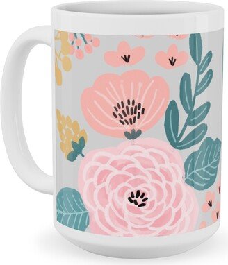 Mugs: June Botanicals - Gray Ceramic Mug, White, 15Oz, Pink