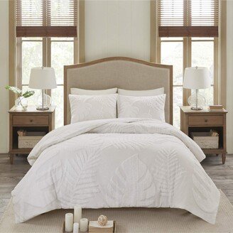 Gracie Mills Bahari 3 Piece Tufted Cotton Chenille Palm Comforter Set, Off-White - Full/Queen
