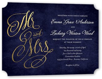 Wedding Invitations: Spectacular Swirls Wedding Invitation, Gold Foil, Blue, 5X7, Matte, Signature Smooth Cardstock, Ticket