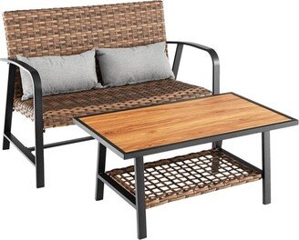 2 Pieces Patio Rattan Coffee Table Set with Shelf - N/A