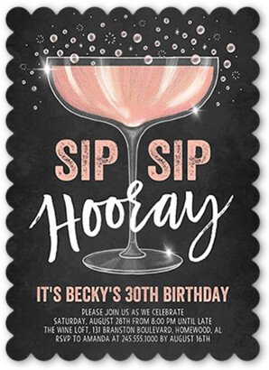 Adult Birthday Invitations: Sip Sip Hooray Birthday Invitation, Grey, Pearl Shimmer Cardstock, Scallop