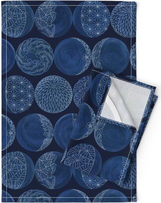 Japanese Inspired Tea Towels | Set Of 2 - Sashiko Moon Phases By Hnldesigns Moons Linen Cotton Spoonflower