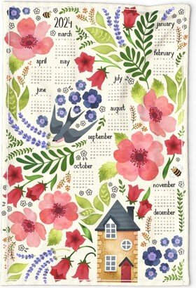 2024 Calendar Tea Towel - Spring Cottage Garden By Adenaj Lavendar Nature Linen Cotton Canvas Spoonflower