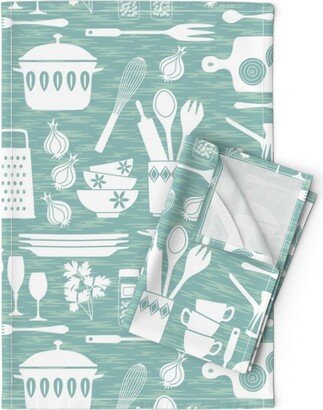 Cooking Utensil Tea Towels | Set Of 2 - Kitchen Supplies By Barbarapixton Aqua White Pastel Mint Linen Cotton Spoonflower