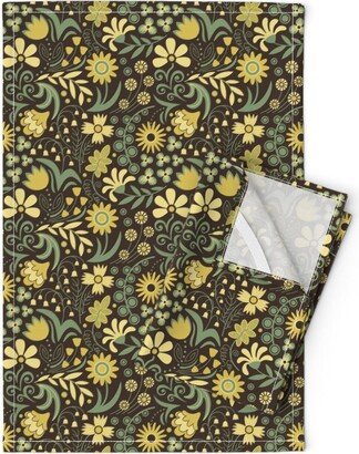 Dark Floral Tea Towels | Set Of 2 - Fun By Dunnspun Charcoal Brown Yellow Green Sage Flowers Linen Cotton Spoonflower