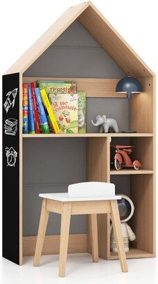 Kids House-Shaped Table & Chair Set Wooden Toy Organizer Cabinet with Blackboard Grey