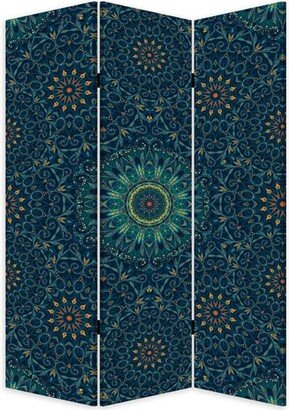 72 Inch 3 Panel Canvas Foldable Room Divider, Bohemian Design, Teal Blue