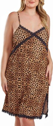 Chiya Plus Size Leopard Chemise with Lace Trim and Front Lace Slit