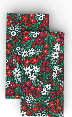 Cloth Napkins: Rustic Floral - Holiday Red And Green Cloth Napkin, Longleaf Sateen Grand, Green