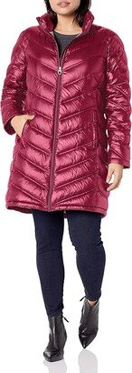 Women's Hooded Chevron Packable Down Jacket (Standard and Plus) (Shine Berry) Women's Coat