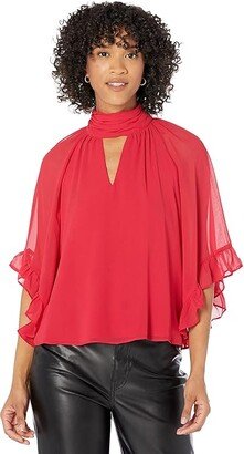Extend Shoulder Flutter Sleeve Keyhole Blouse (Luxe Red) Women's Clothing